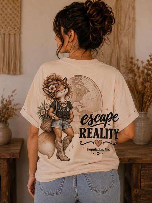Escape Reality Fox T-Shirt — Cute Fox Traveler Graphic Tee ("Permission to Escape Reality")