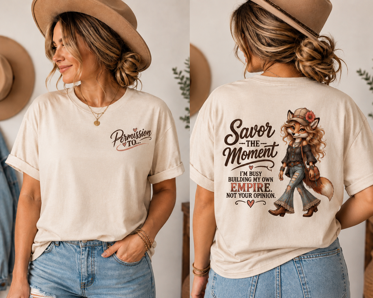 Savor the Moment Fox Graphic Tee — "Permission to…" Chest Logo