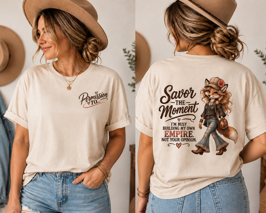 Savor the Moment Fox Graphic Tee — "Permission to…" Chest Logo