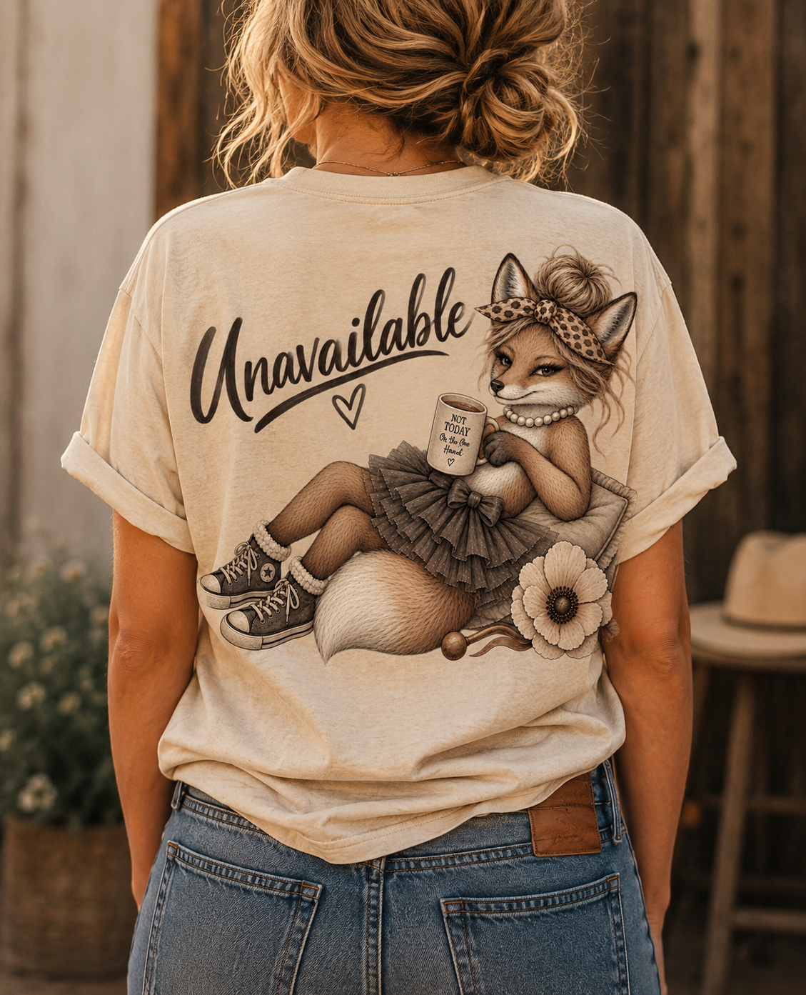 Unavailable Fox Girl Graphic Tee — Cute Relaxed Casual Shirt with 'Unavailable' Script