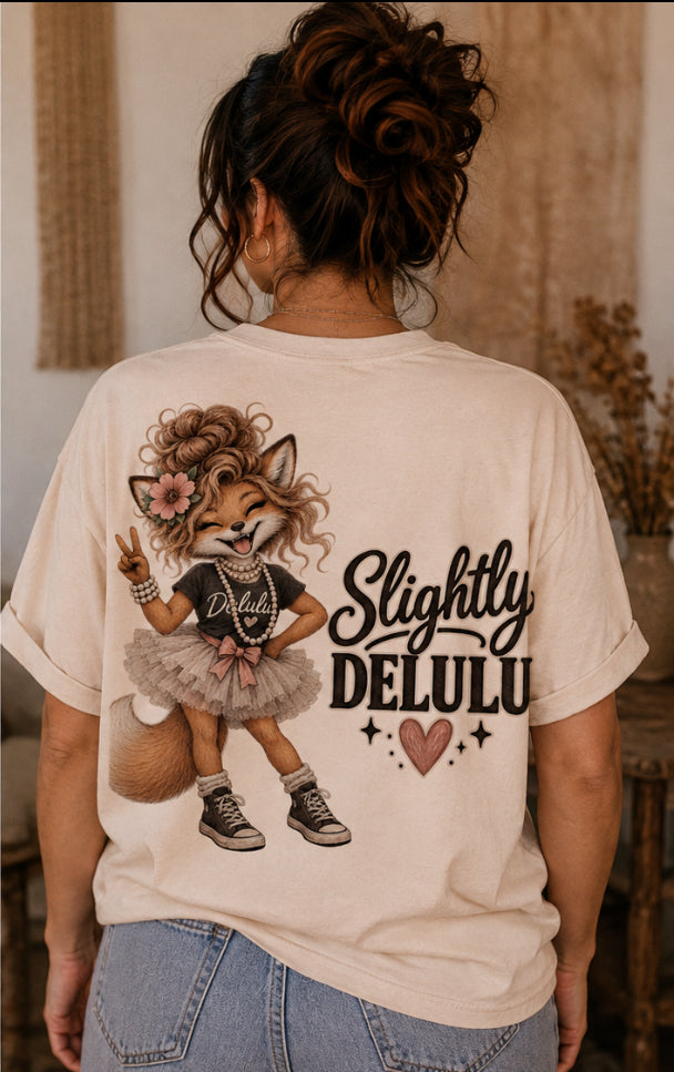Slightly Delulu Fox Girl T‑Shirt — Cute Anime Fox Graphic Tee with “Slightly Delulu” Text