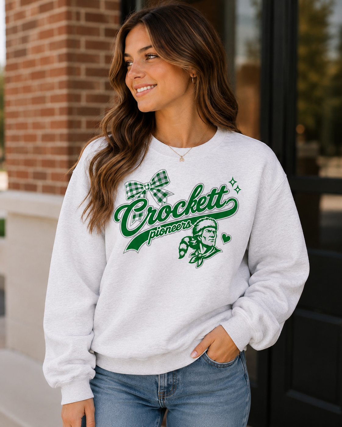 Crockett Pioneers Crewneck Sweatshirt — Vintage Plaid Bow School Spirit