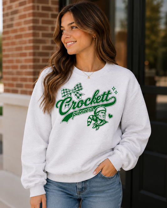 Crockett Pioneers Crewneck Sweatshirt — Vintage Plaid Bow School Spirit