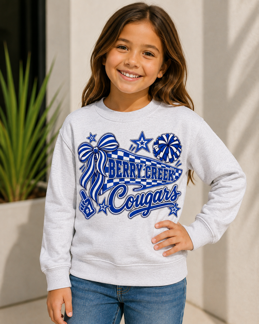 Youth Crewneck Sweatshirt - Blue Sparkle 'Cheer Cougars' Pom Pom Design