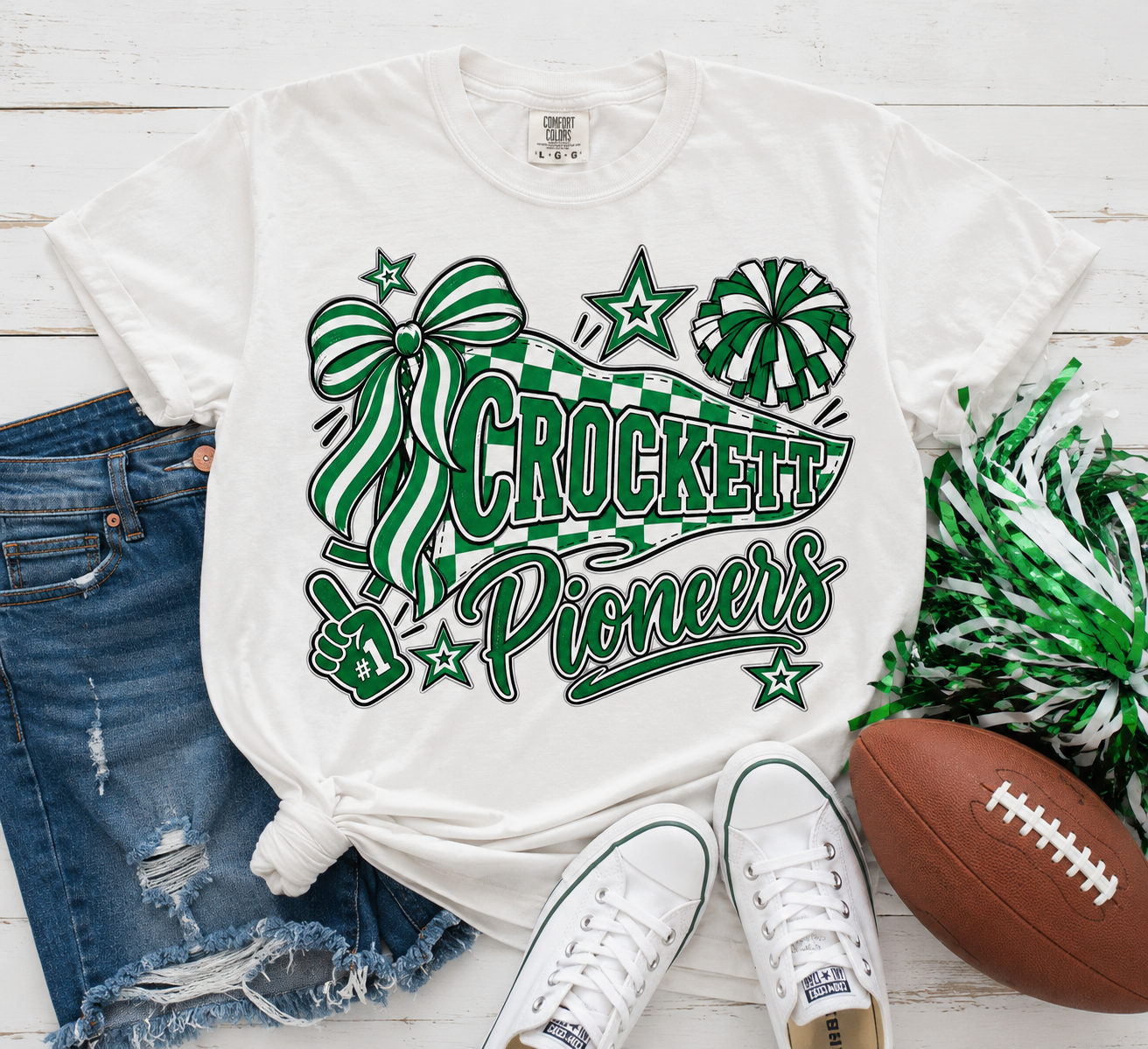 Crockett Pioneers Graphic T-Shirt — School Spirit Retro Ribbon Design