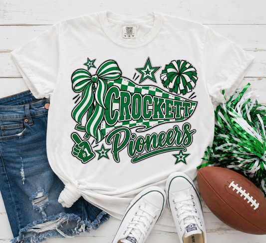Crockett Pioneers Graphic T-Shirt — School Spirit Retro Ribbon Design