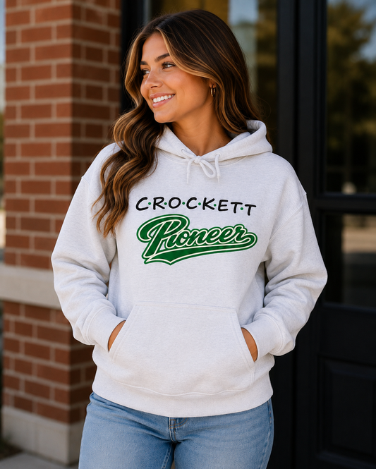 Crockett Pioneer Hoodie — Vintage Script Green Logo Fleece