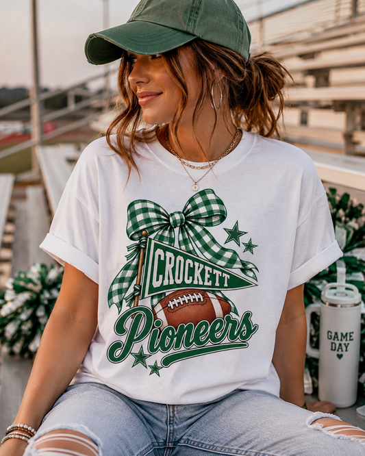 Crockett Pioneers Football Shirt, Green Gingham Bow Game Day Tee, School Spirit Shirt, Football Mom Tee, Pioneers Spirit Wear