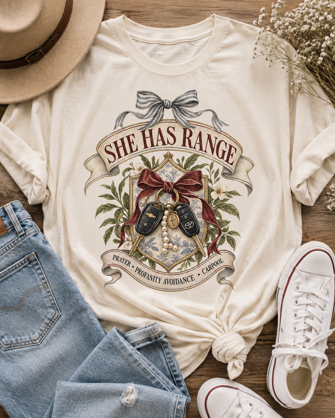 She Has Range Shirt | Funny Mom Graphic Tee | Prayer Profanity Avoidance Carpool Shirt | Vintage Preppy Faith Mom T-Shirt