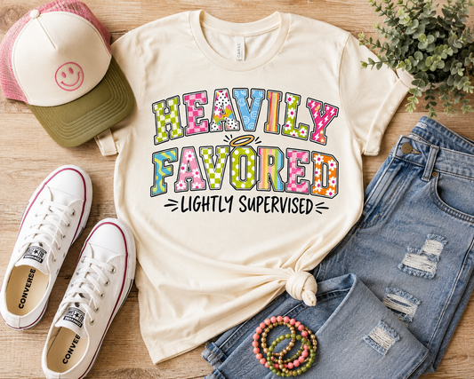 Heavily Favored Lightly Supervised T-shirt | Colorful Retro Lettering