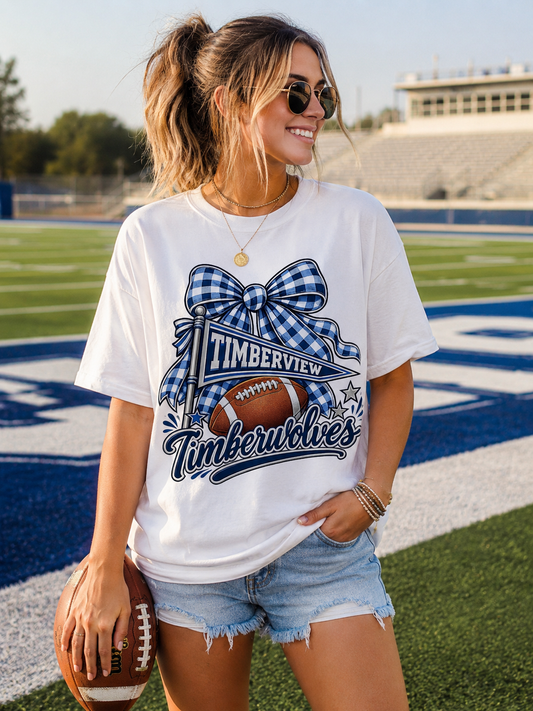 Timberview Timberwolves Football Team T-Shirt — Blue Gingham Bow Mascot Tee