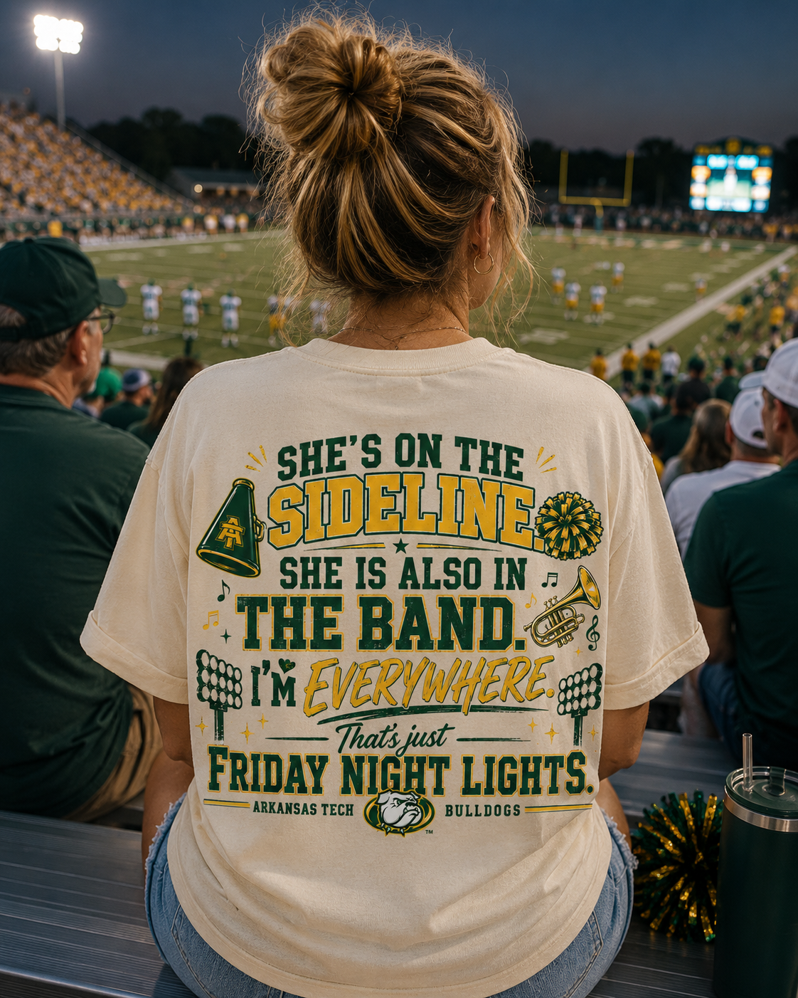 Sideline & Band Mom T-Shirt — "She’s On The Sideline, She Is Also In The Band" Football Cheer Tee
