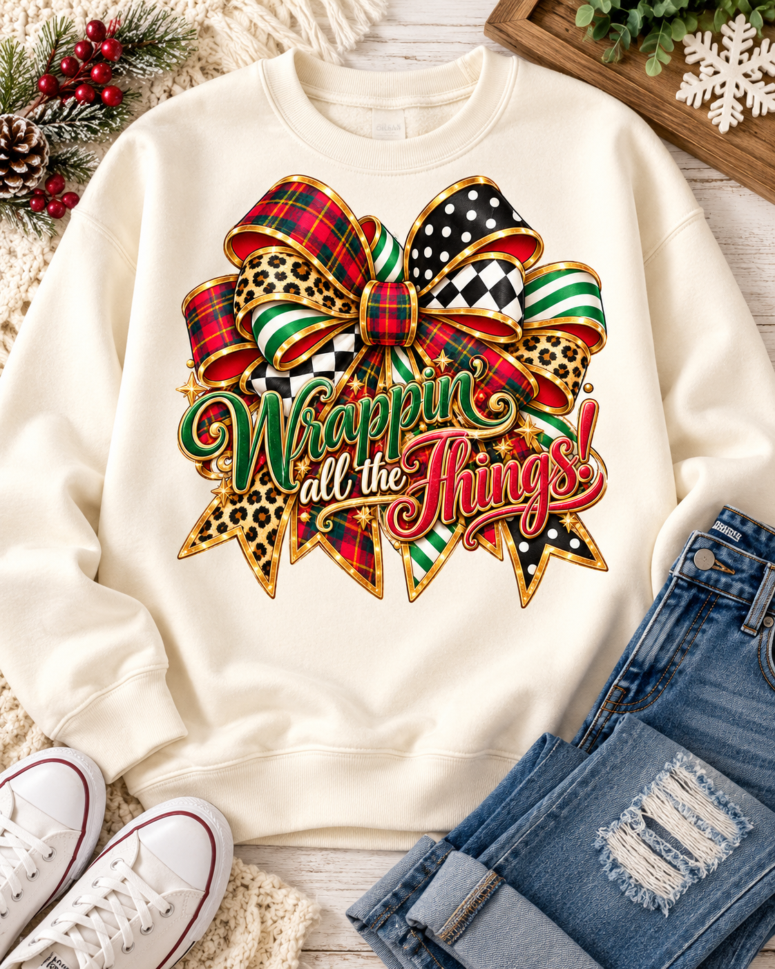 Wrapped in All the Things Christmas Bow Sweatshirt