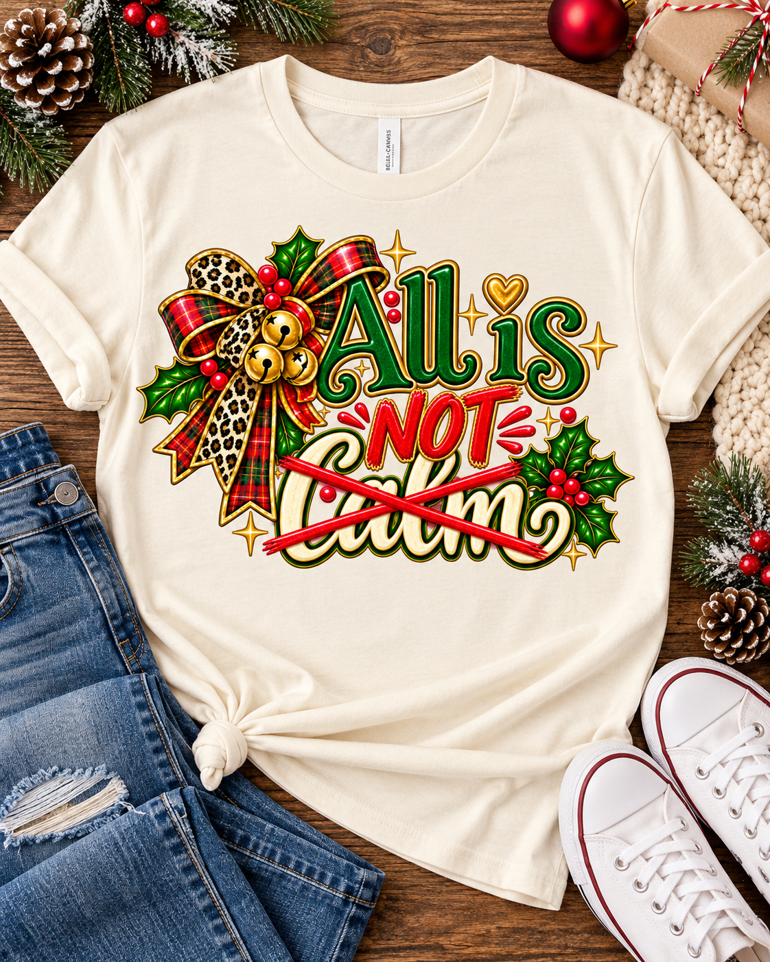 All Is Not Calm Christmas T-Shirt, Festive Holly and Poinsettia Design
