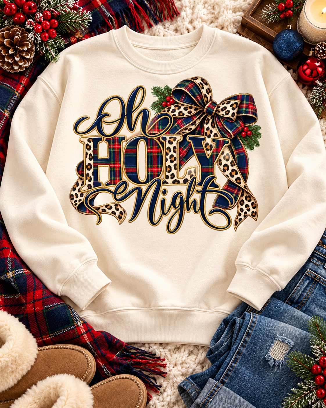 Oh Holy Night Christmas Sweatshirt, Leopard Bow and Holly Design