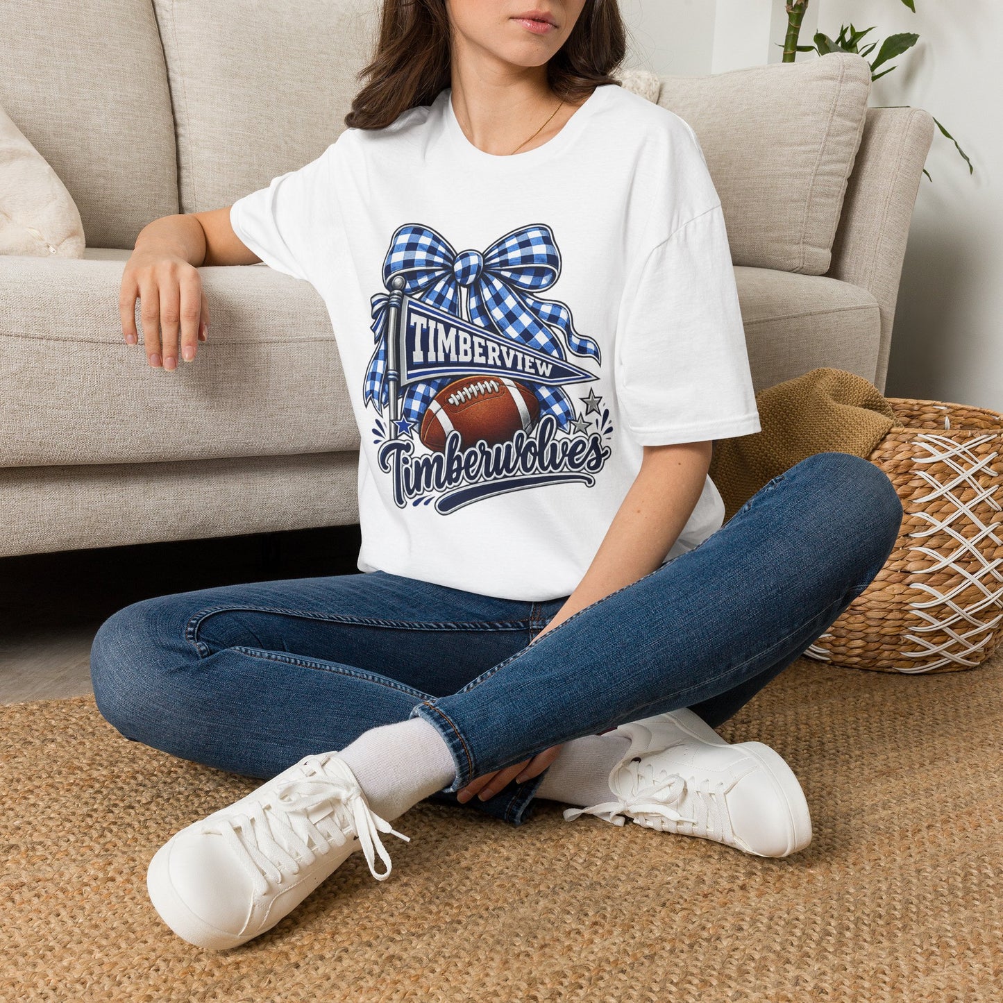 Timberview Timberwolves Football Team T-Shirt — Blue Gingham Bow Mascot Tee