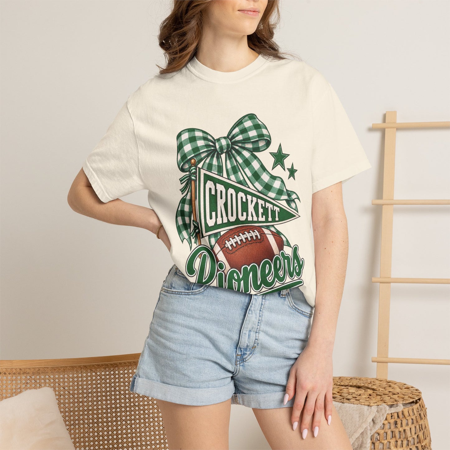 Crockett Pioneers Football Shirt, Green Gingham Bow Game Day Tee, School Spirit Shirt, Football Mom Tee, Pioneers Spirit Wear