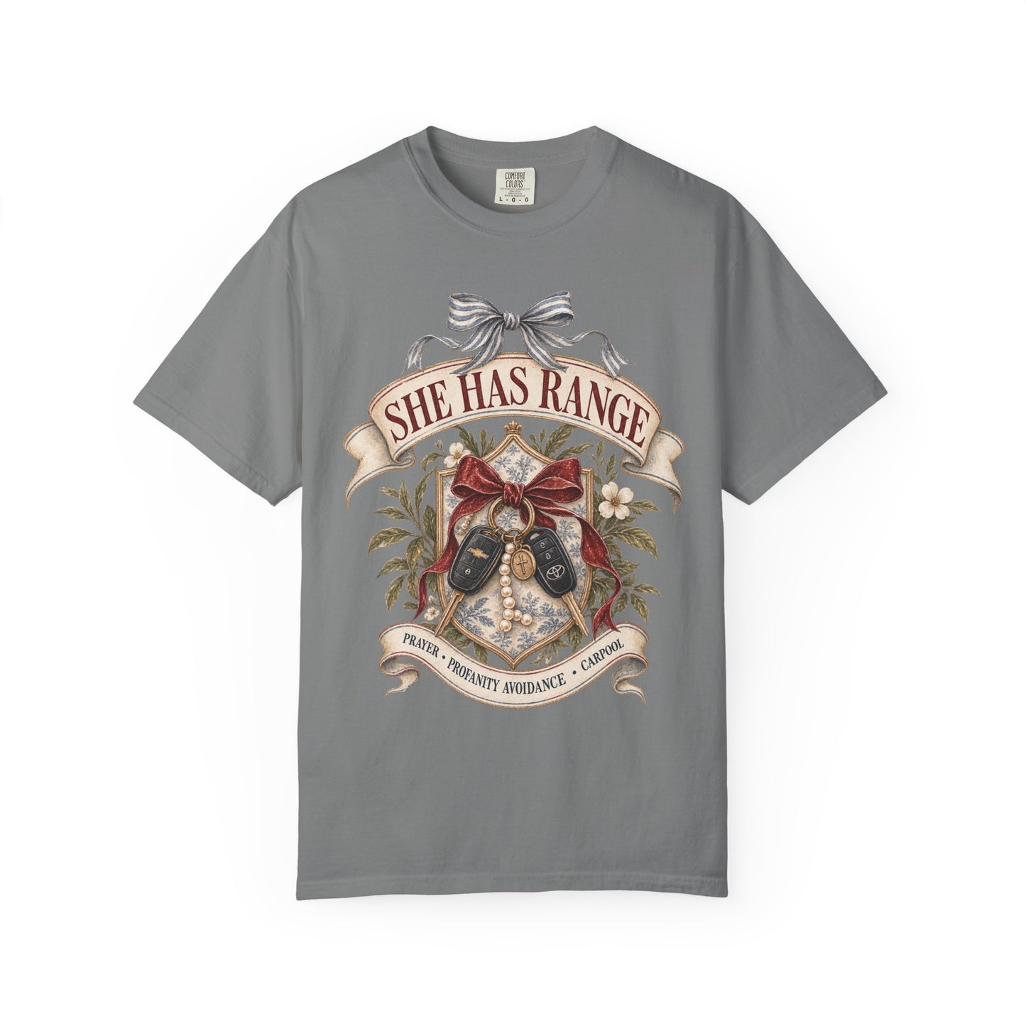 She Has Range Shirt | Funny Mom Graphic Tee | Prayer Profanity Avoidance Carpool Shirt | Vintage Preppy Faith Mom T-Shirt