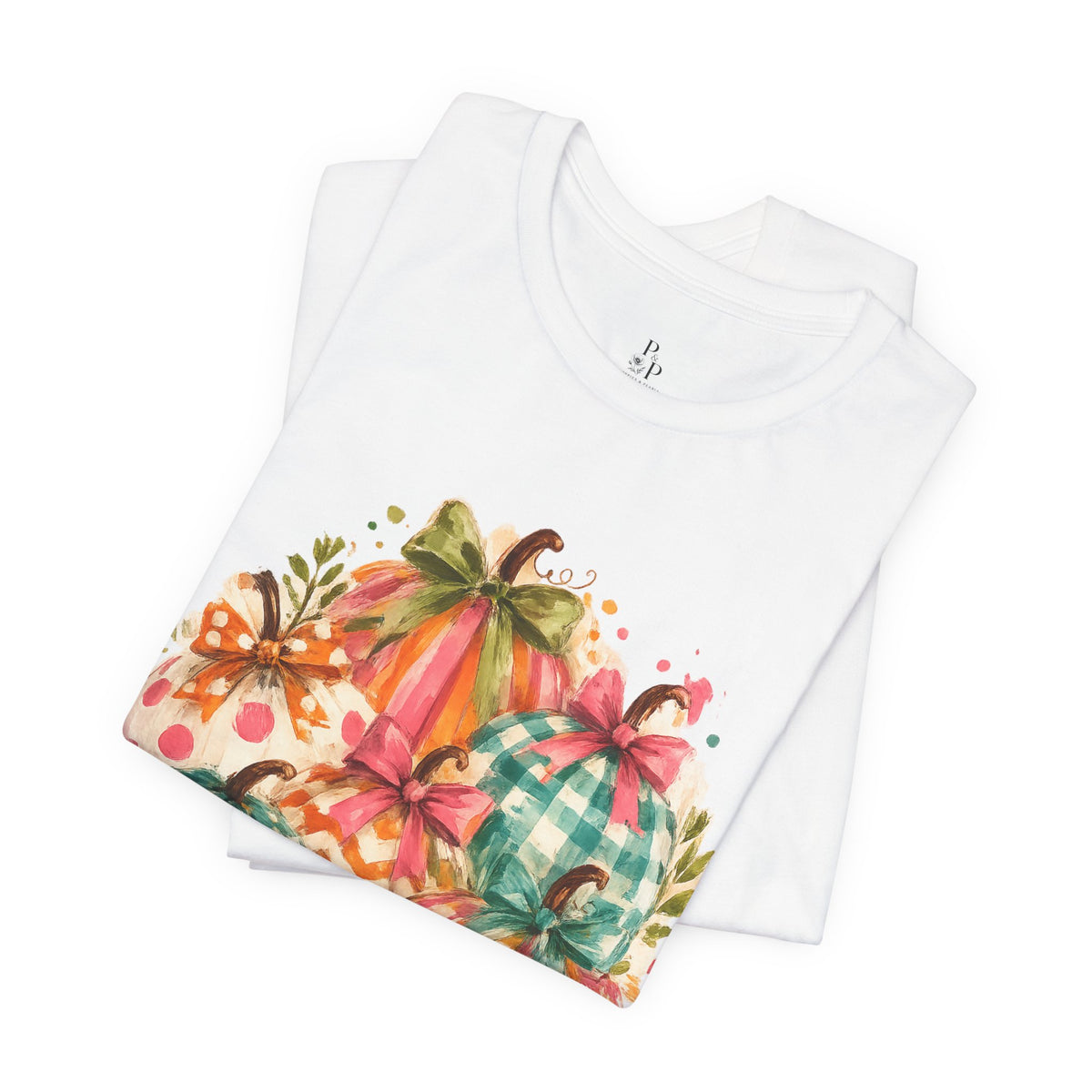 Watercolor Fall Pumpkins T-Shirt — Plaid & Polka Dot Pumpkin Tee for Autumn