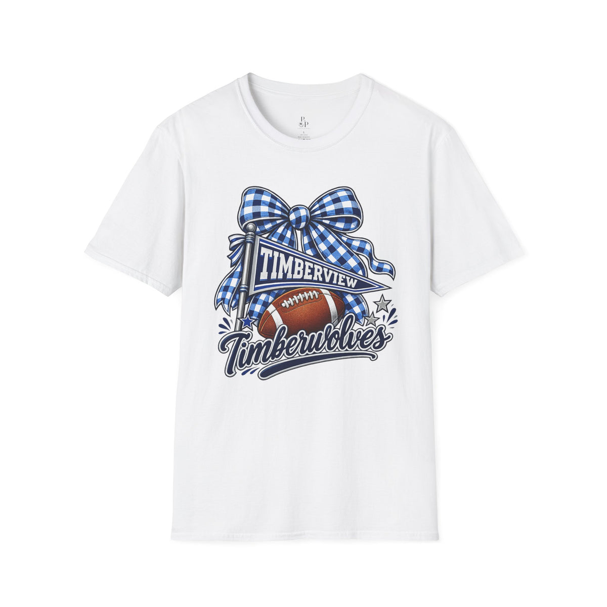 Timberview Timberwolves Football Team T-Shirt — Blue Gingham Bow Mascot Tee