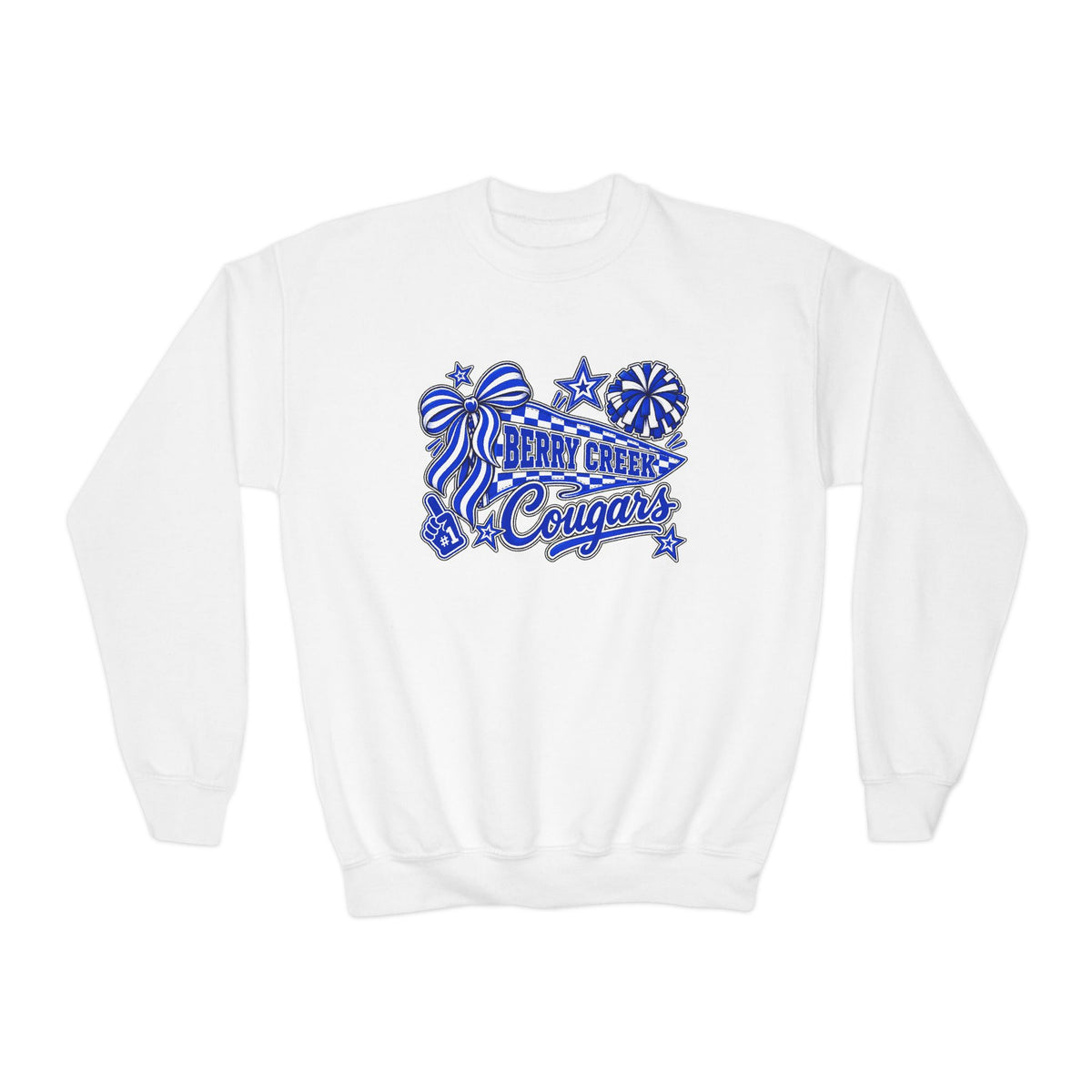 Youth Crewneck Sweatshirt - Blue Sparkle 'Cheer Cougars' Pom Pom Design