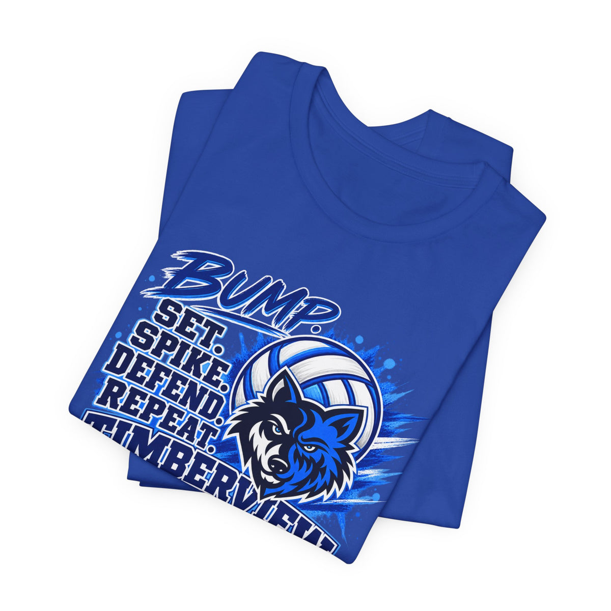 Timberview Volleyball Tee — "Bump Set Spike Defend Repeat" Wolf Mascot
