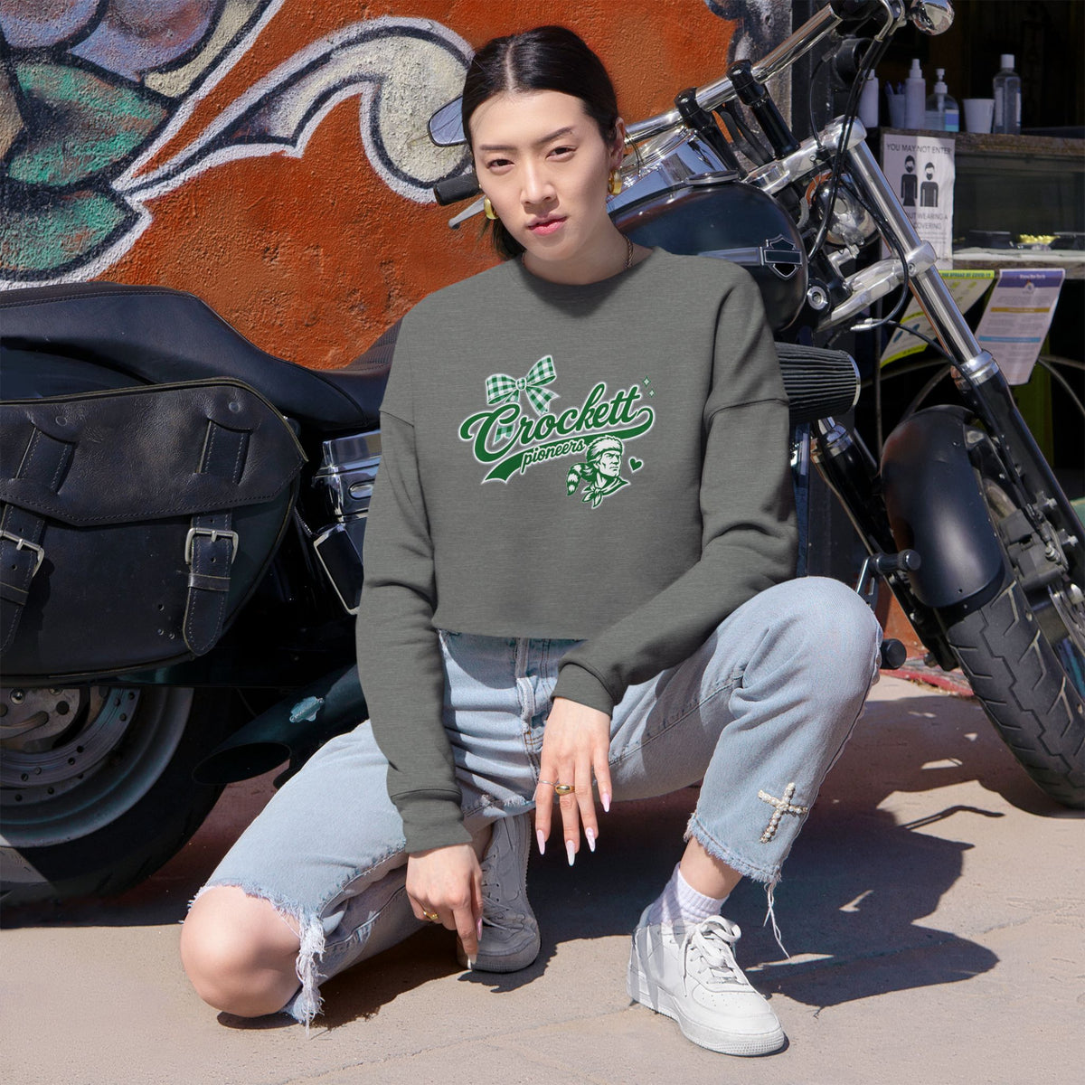 Crockett Retro Logo Cropped Sweatshirt — Womens Athletic Vintage Crewneck