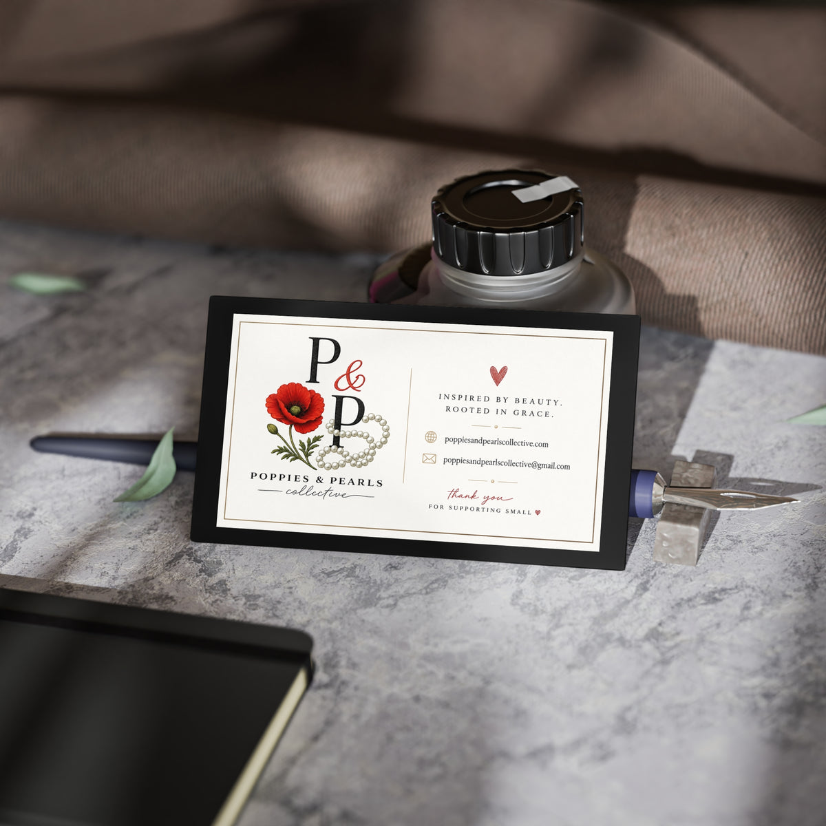 Poppies & Pearls Floral Business Cards — Elegant Feminine Logo Cards