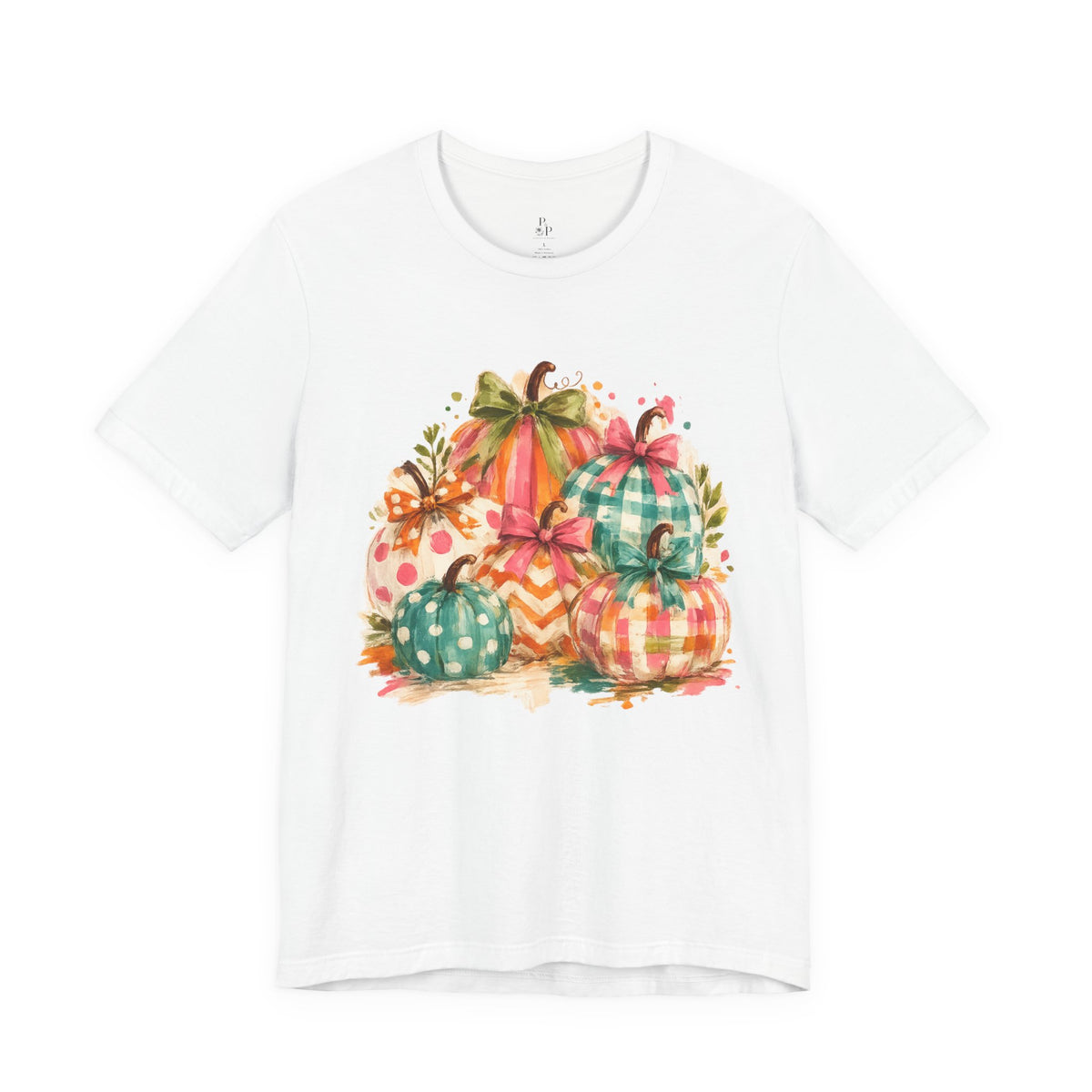 Watercolor Fall Pumpkins T-Shirt — Plaid & Polka Dot Pumpkin Tee for Autumn