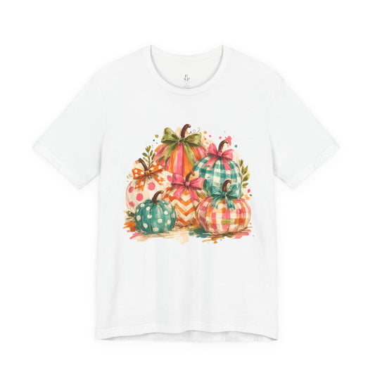 Watercolor Fall Pumpkins T-Shirt — Plaid & Polka Dot Pumpkin Tee for Autumn