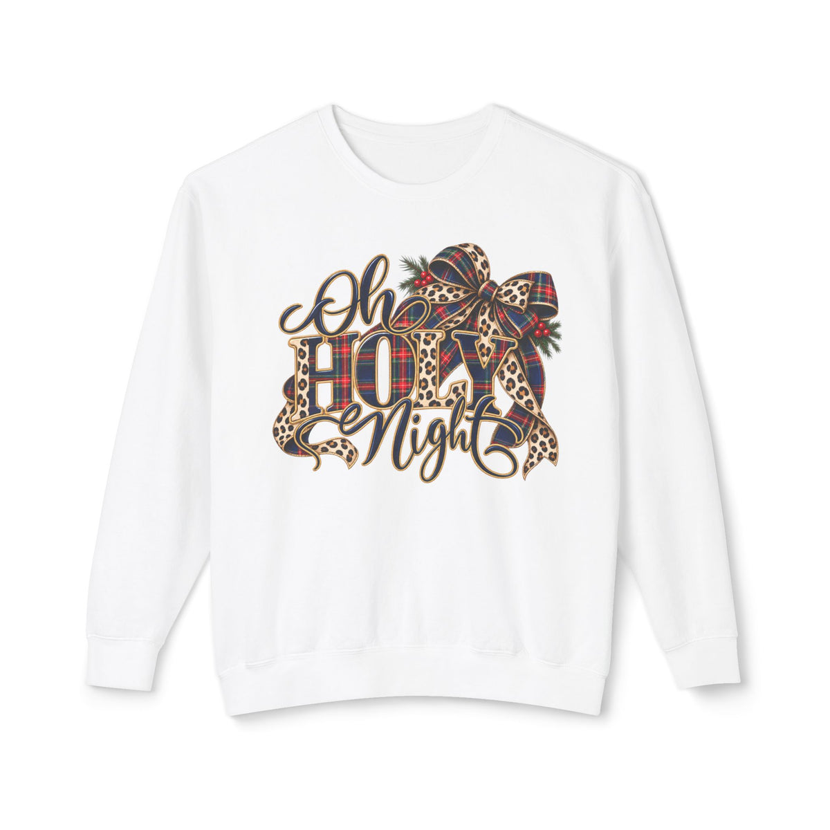 Oh Holy Night Christmas Sweatshirt, Leopard Bow and Holly Design