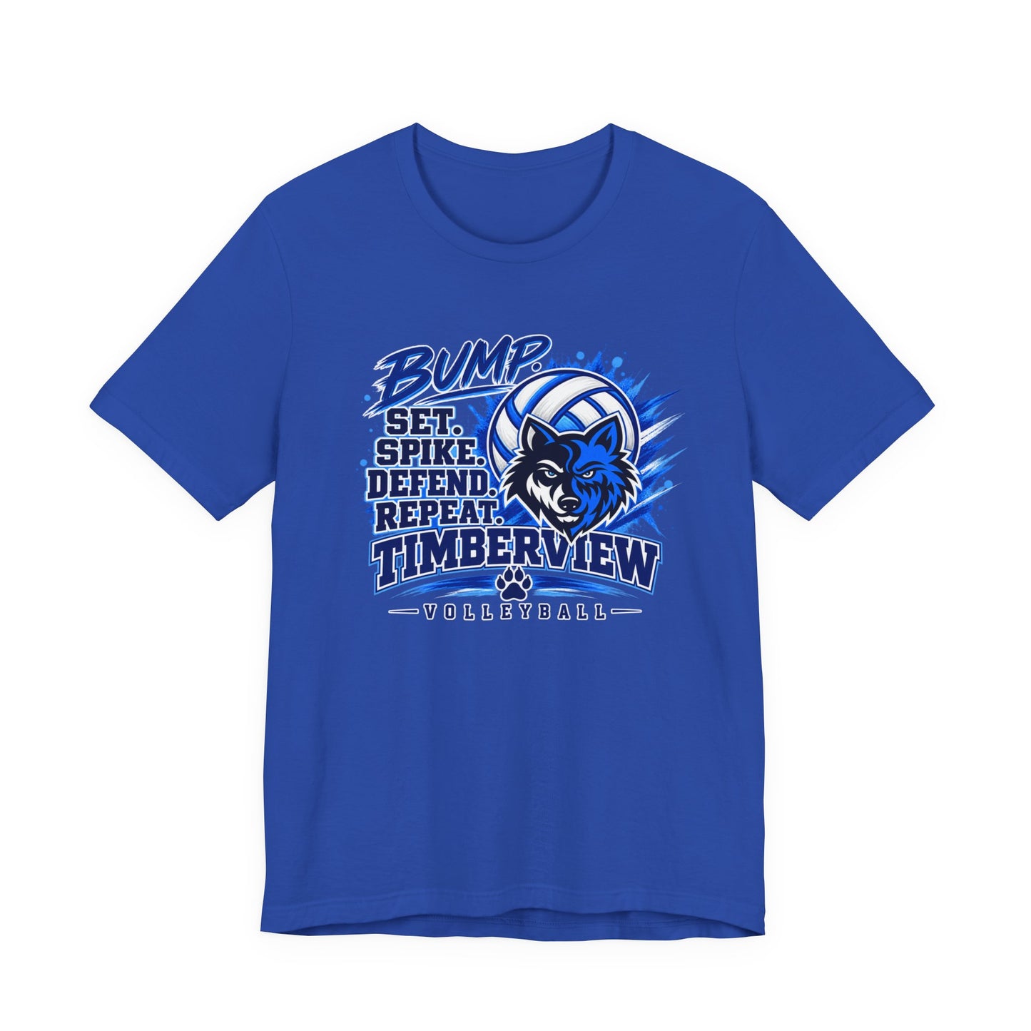 Timberview Volleyball Tee — "Bump Set Spike Defend Repeat" Wolf Mascot