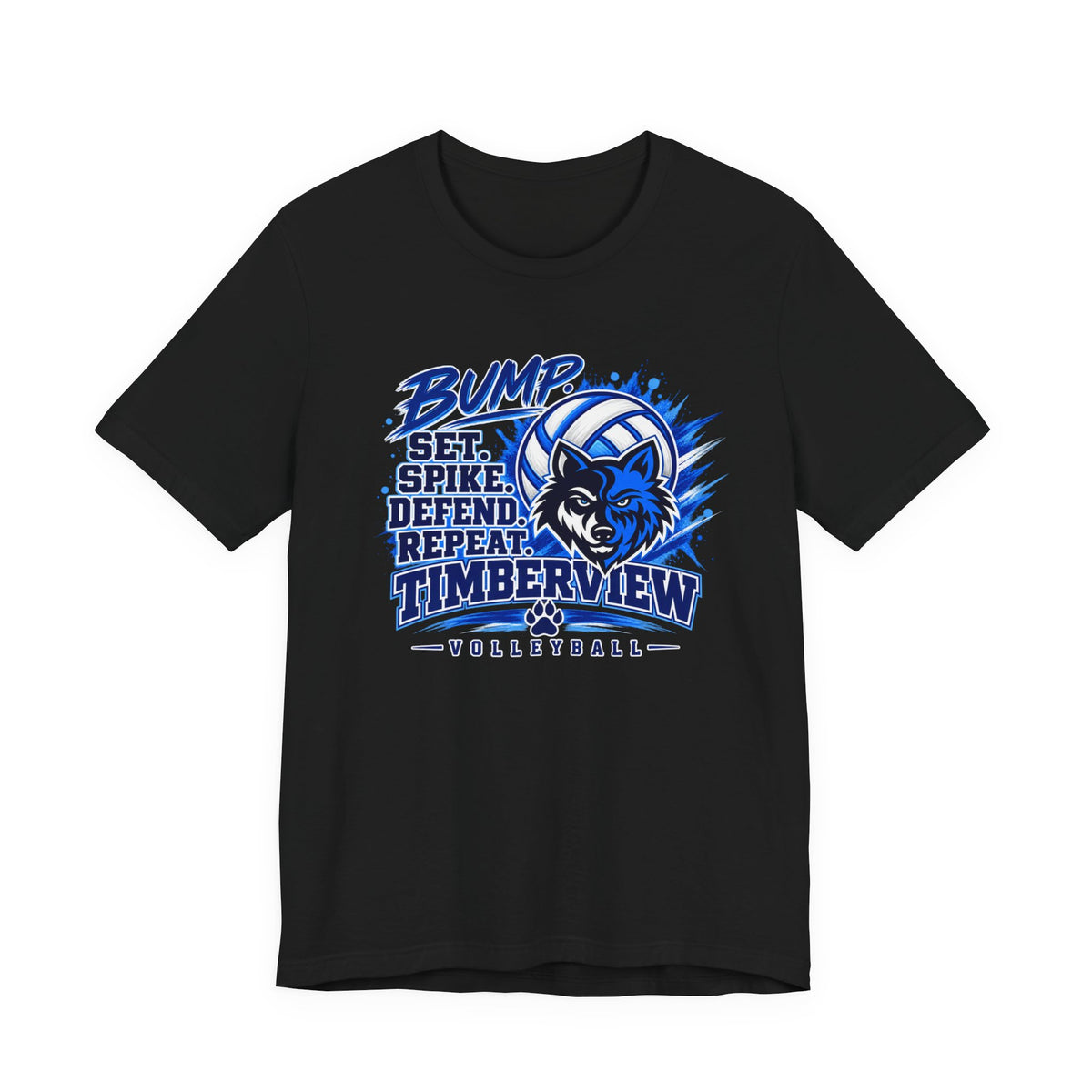Timberview Volleyball Tee — "Bump Set Spike Defend Repeat" Wolf Mascot