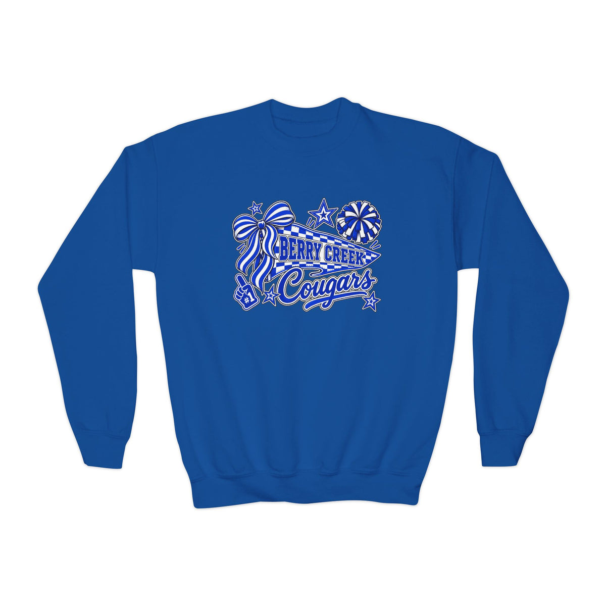 Youth Crewneck Sweatshirt - Blue Sparkle 'Cheer Cougars' Pom Pom Design