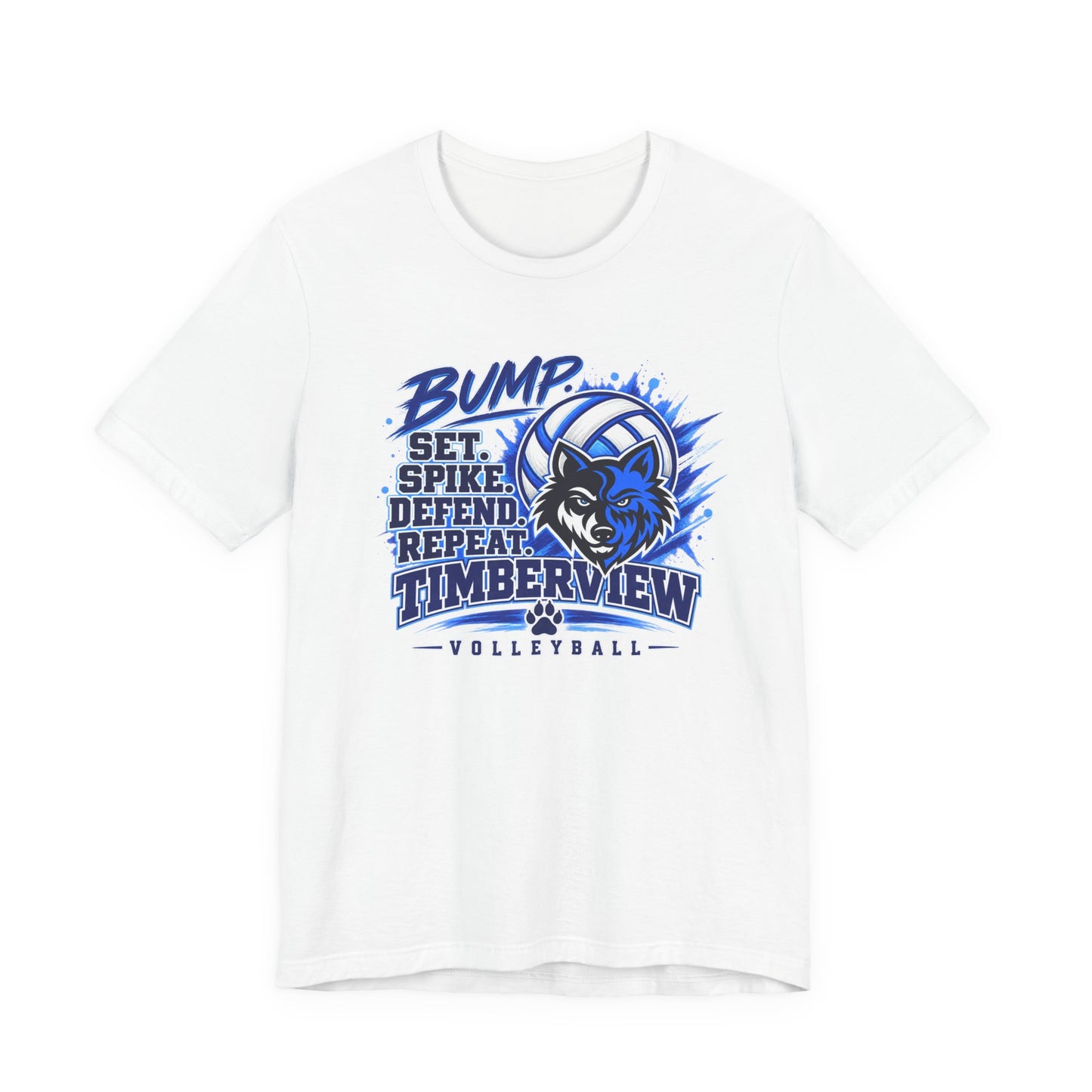 Timberview Volleyball Tee — "Bump Set Spike Defend Repeat" Wolf Mascot