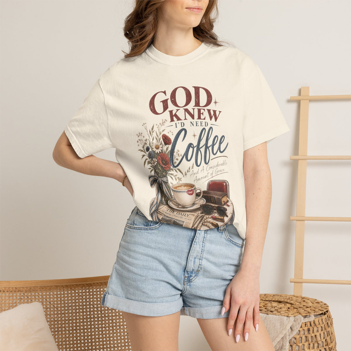 God Knew I’d Need Coffee Shirt | Christian Coffee T-Shirt | Vintage Faith Tee | Considerable Amount of Grace Graphic Tee