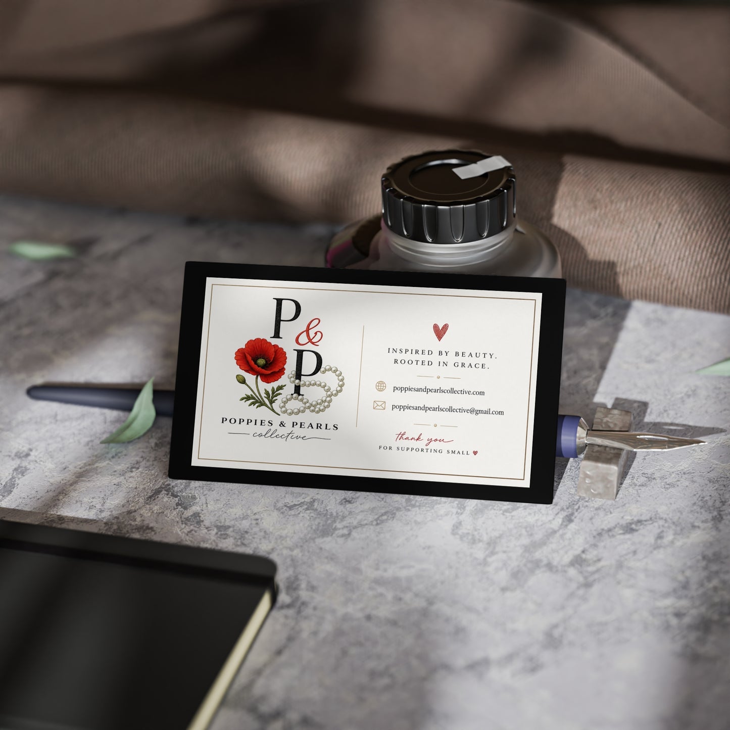 Poppies & Pearls Floral Business Cards — Elegant Feminine Logo Cards