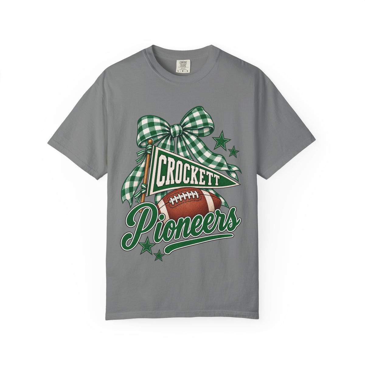 Crockett Pioneers Football Shirt, Green Gingham Bow Game Day Tee, School Spirit Shirt, Football Mom Tee, Pioneers Spirit Wear