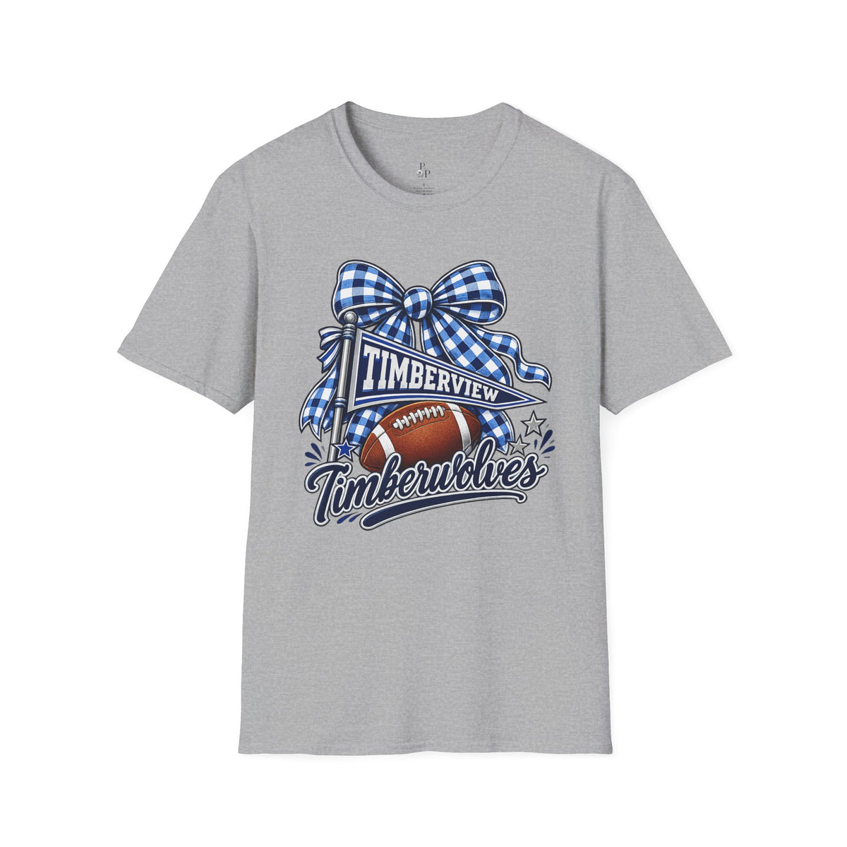 Timberview Timberwolves Football Team T-Shirt — Blue Gingham Bow Mascot Tee