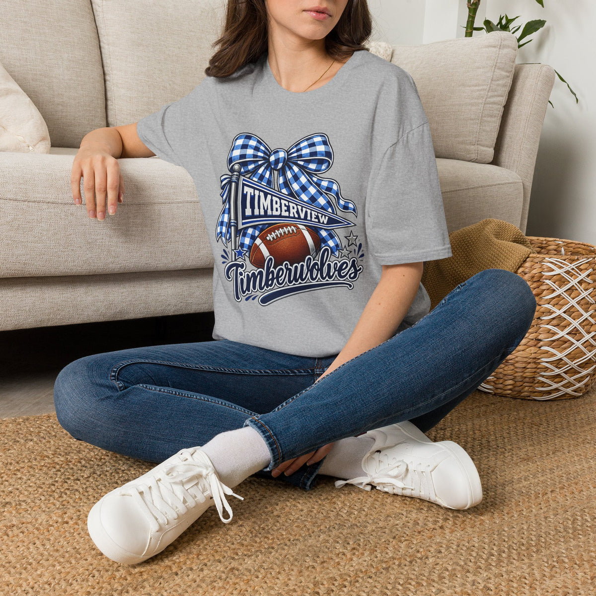 Timberview Timberwolves Football Team T-Shirt — Blue Gingham Bow Mascot Tee