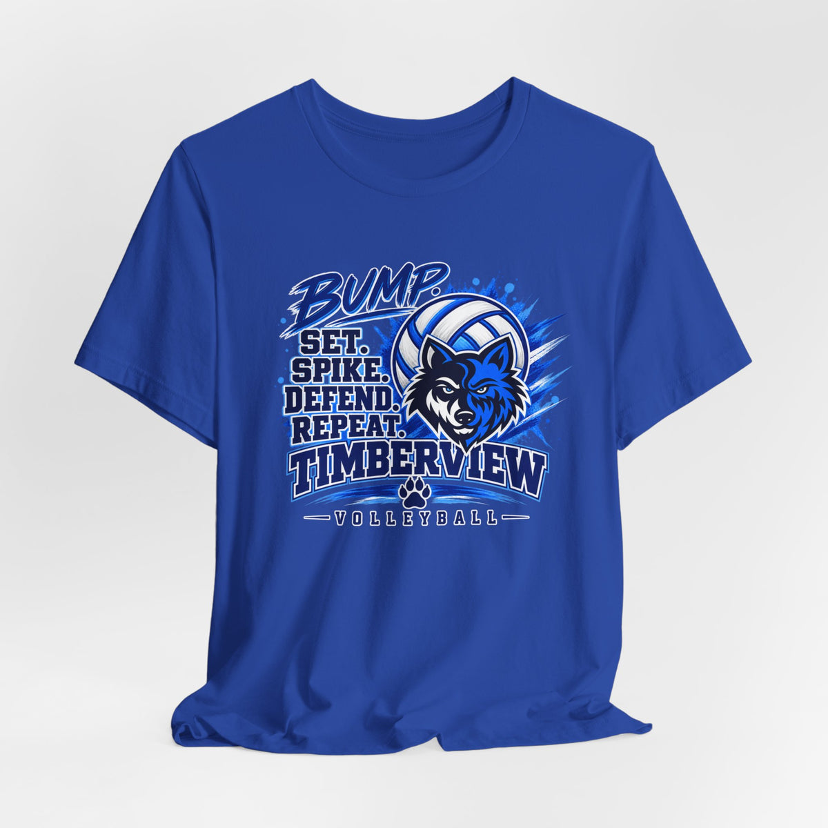 Timberview Volleyball Tee — "Bump Set Spike Defend Repeat" Wolf Mascot