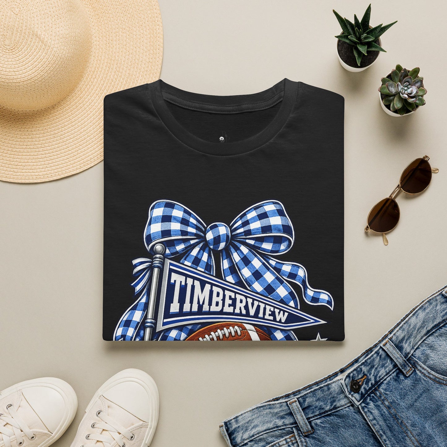 Timberview Timberwolves Football Team T-Shirt — Blue Gingham Bow Mascot Tee