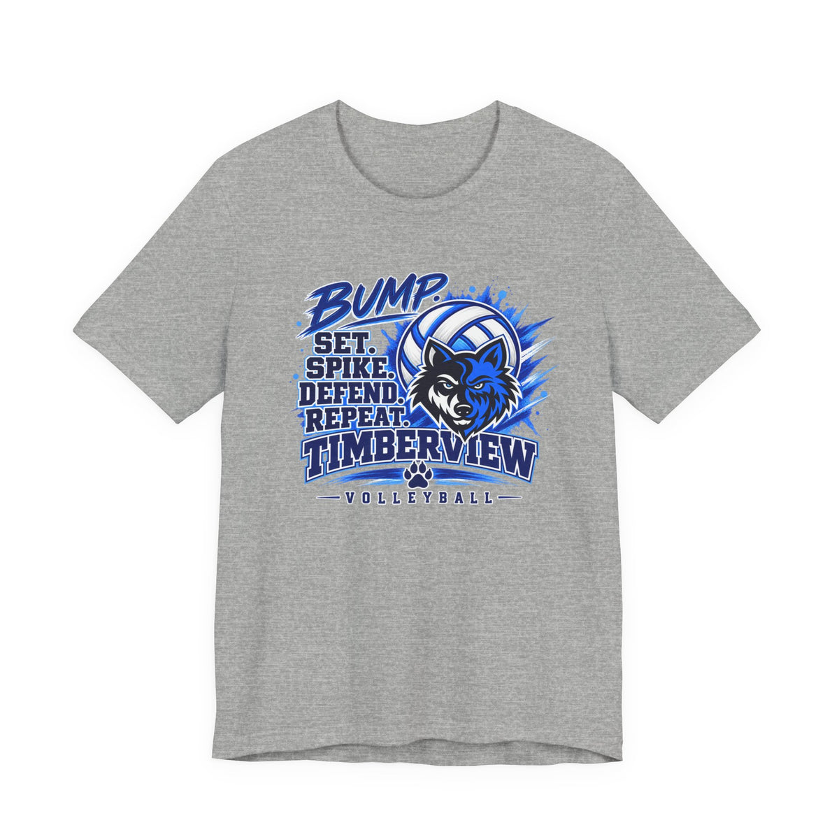 Timberview Volleyball Tee — "Bump Set Spike Defend Repeat" Wolf Mascot