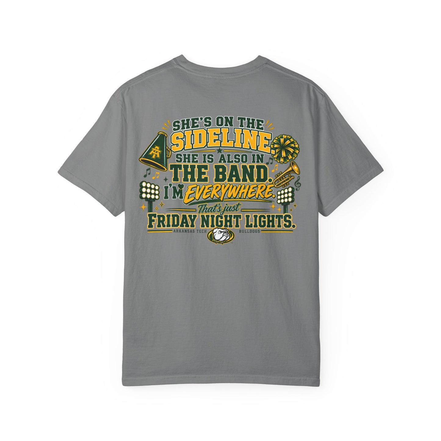 Sideline & Band Mom T-Shirt — "She’s On The Sideline, She Is Also In The Band" Football Cheer Tee