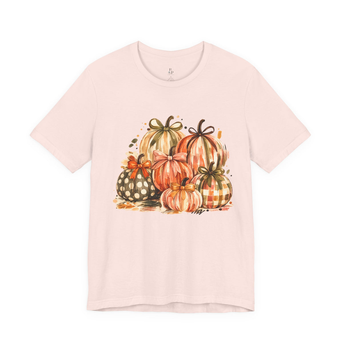 Pumpkin Watercolor T-Shirt — Fall Harvest Plaid & Polka Dot Pumpkins