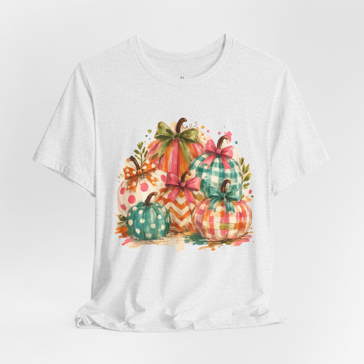 Watercolor Fall Pumpkins T-Shirt — Plaid & Polka Dot Pumpkin Tee for Autumn
