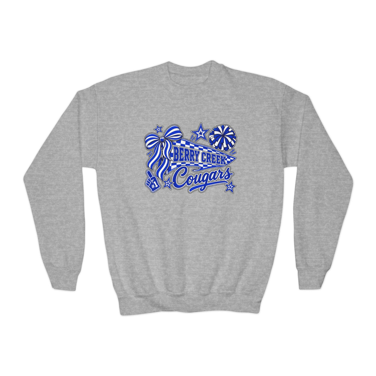 Youth Crewneck Sweatshirt - Blue Sparkle 'Cheer Cougars' Pom Pom Design