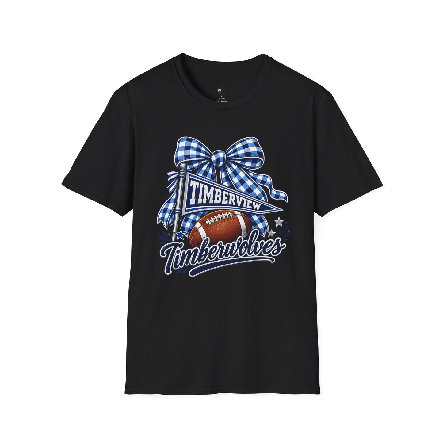 Timberview Timberwolves Football Team T-Shirt — Blue Gingham Bow Mascot Tee
