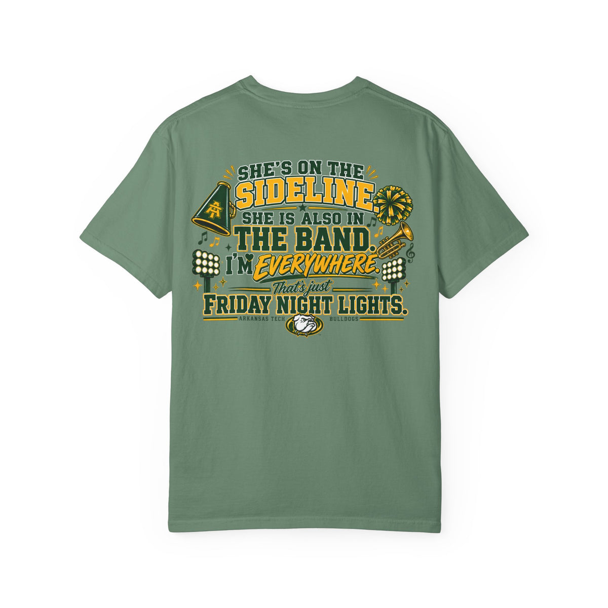 Sideline & Band Mom T-Shirt — "She’s On The Sideline, She Is Also In The Band" Football Cheer Tee