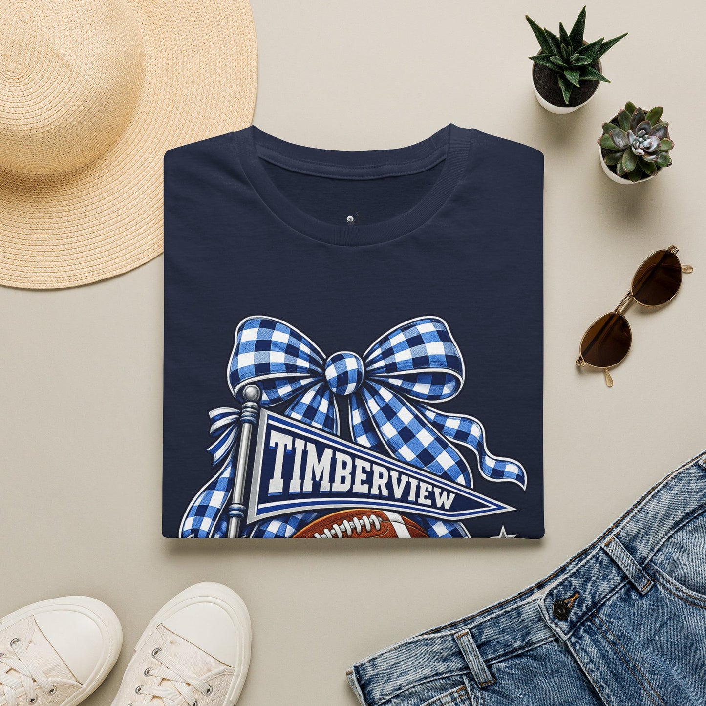 Timberview Timberwolves Football Team T-Shirt — Blue Gingham Bow Mascot Tee